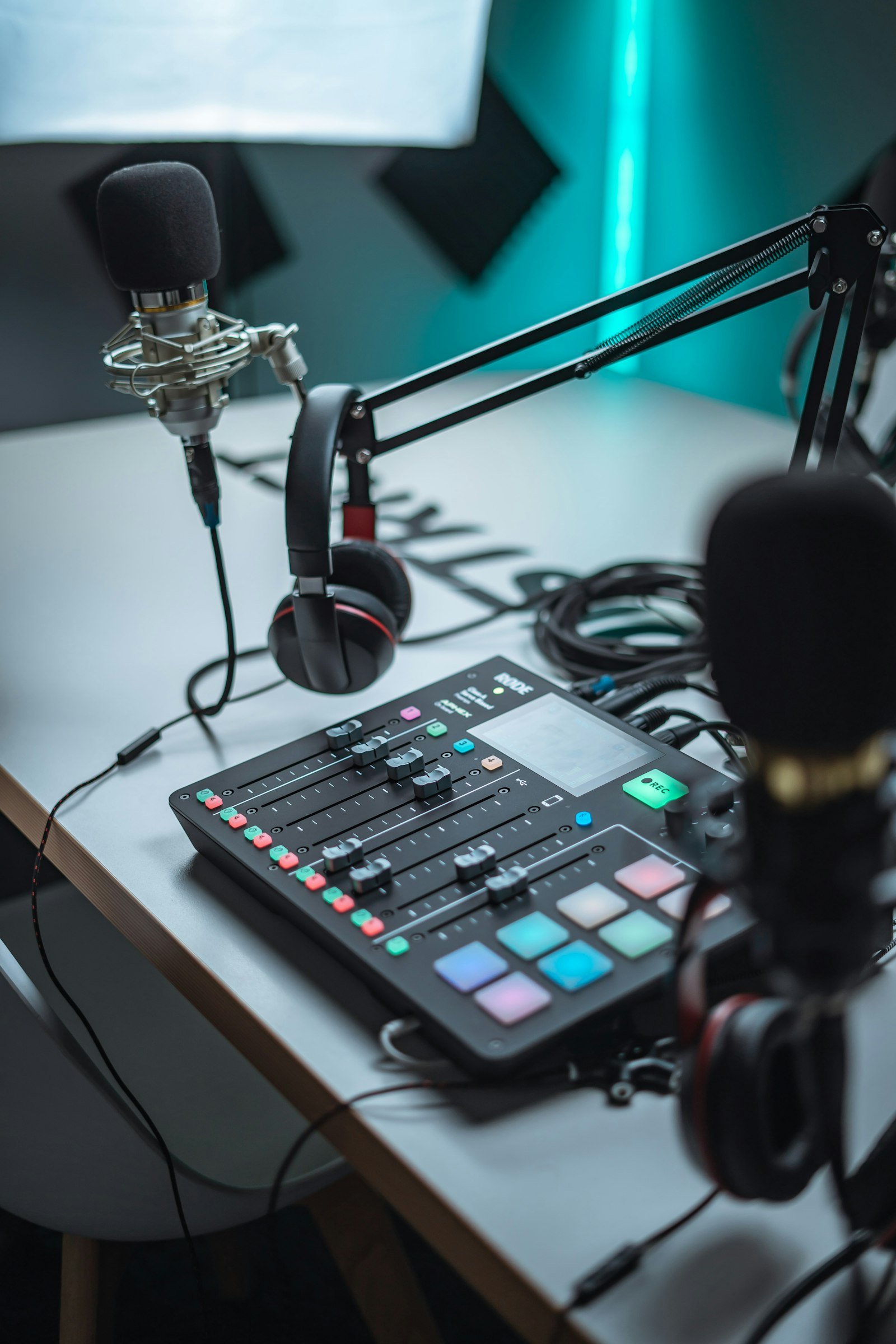 محطة تسجيل صوت مع Audio Mixer وسماعات لمراقبة الحوار أثناء الإنتاج