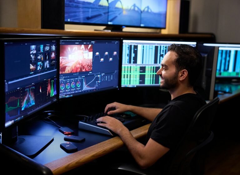محطة مونتاج احترافية بشاشات متعددة أثناء تلوين فيديو HDR