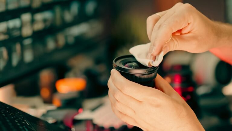 تنظيف عدسة كاميرا بقطعة قماش مخصصة ضمن صيانة معدات التصوير